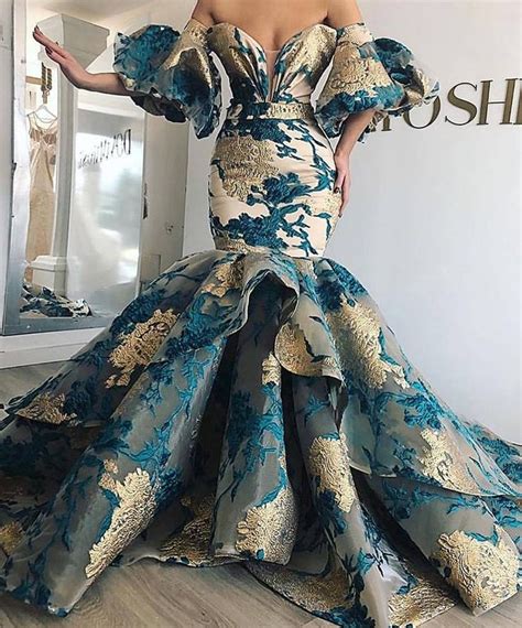 Gold And Emerald Green Floral Mermaid African Fashion Dresses Evening Dresses Ankara Long Gown