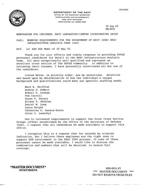 Department Of The Navy Memorandum Dated 20 Aug 03 Manning