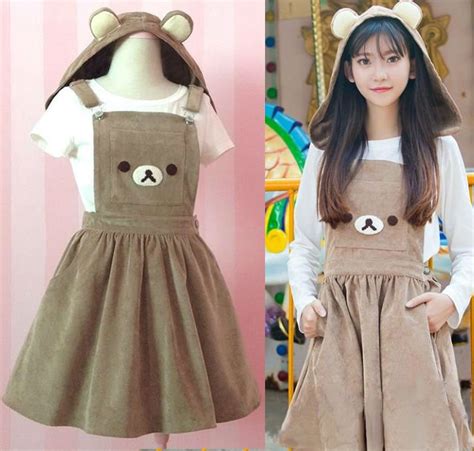 Kawaii Clothing Bear Hooded Ears Cute Suspender Rilakkuma Dress Wh158
