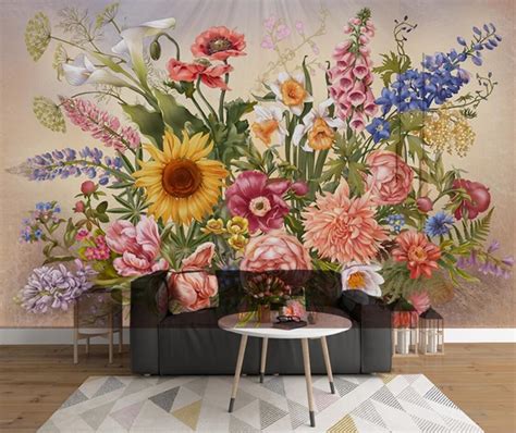 Nordic Hand Painted Flower Wall Mural Wallpaper European Floral Fresco