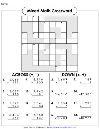 Addition, operations, introduction to algebra, reproducible, addition and subtraction word problems, addition of money (us coins), numeration, counting and spelling numbers, regrouping Math Crossword Puzzles