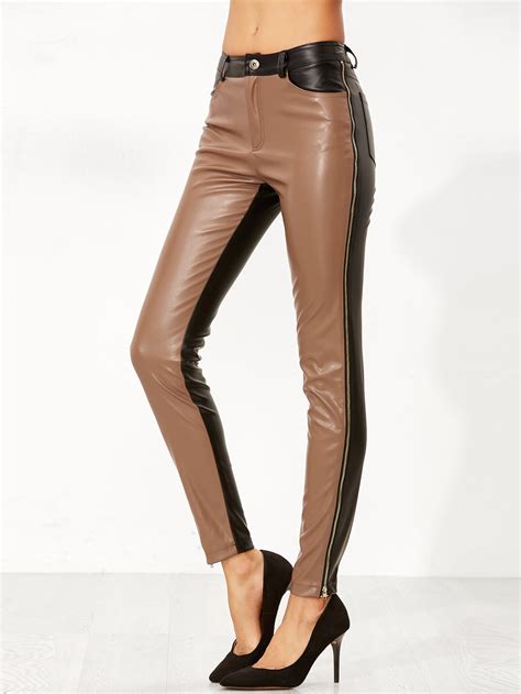 Contrast Faux Leather Side Zip Pants Sheinsheinside