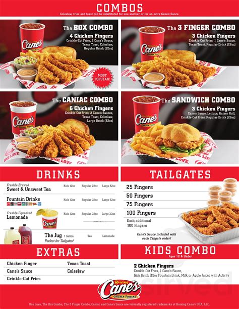 Raising Cane's Chicken Fingers menu in Menifee, California, USA