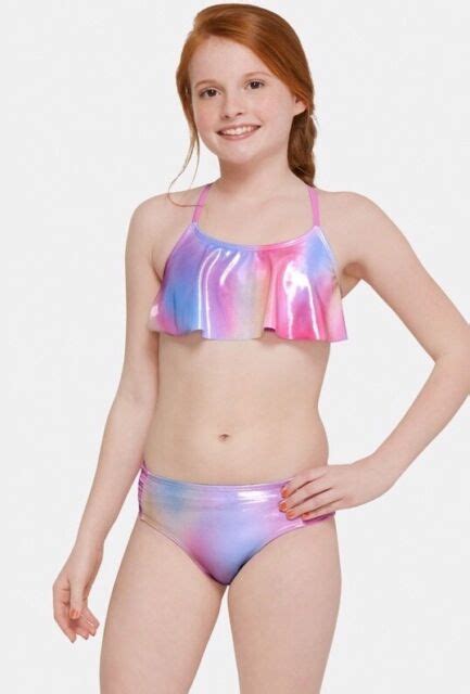 Justice Girls Iridescent Flounce Rainbow Bikini Swimsuit Bathing Suit