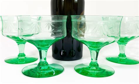 4 etched depression glass green low sherbet cups or champagne coupes floral and lines unique