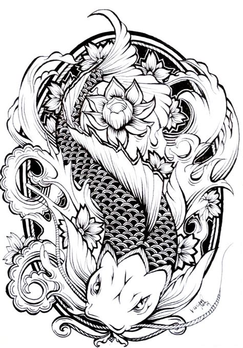 Traditional black-and-white koi fish swimming in dark water tattoo