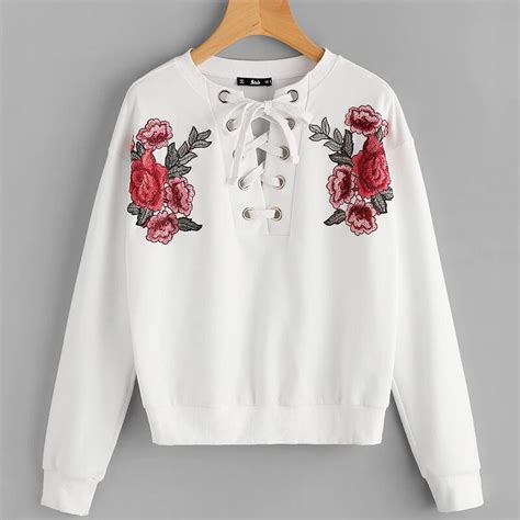 Autumn Women Chic Floral Sweatshirt Hoodies Lace Up Long Sleeve White
