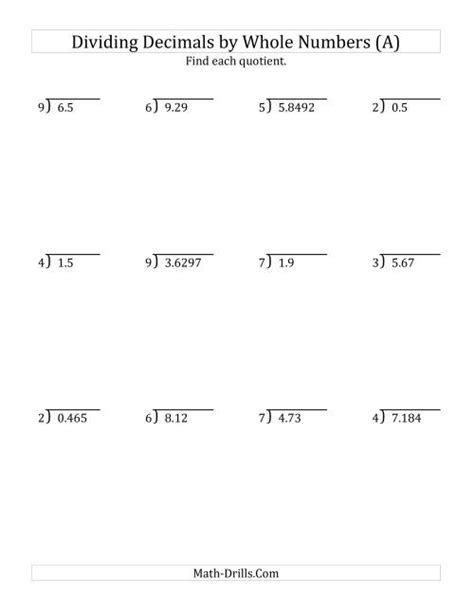 Division Of Decimals By Whole Numbers Worksheet
