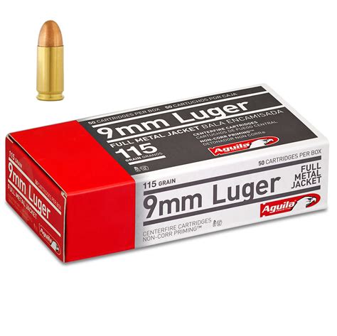 Aguila 9mm 115 Grain Brass Cased Fmj Ammo 50 Rounds