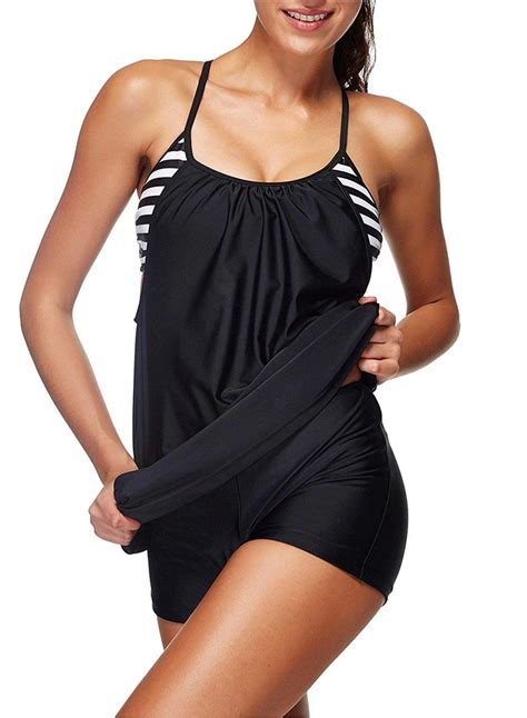 Zando Women Two Piece Stripe Swimwear Vintage Skirted Swimdress Black