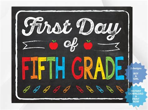 First Day Of Fifth Grade Back To School Sign First Day Of School