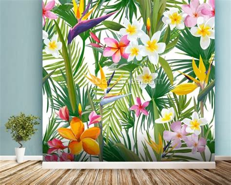 Tropical Palm Leaves And Flowers Wallpaper Wall Mural Wallsauce Australia