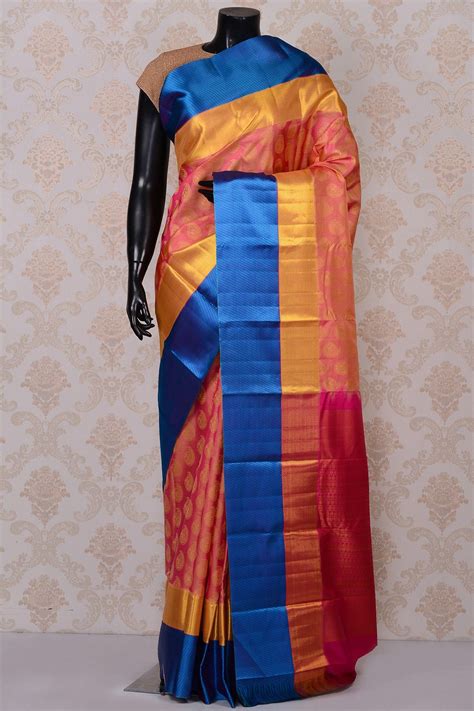 pink classy kanchipuram silk saree with blue border sr18655 silk indian silk sarees saree
