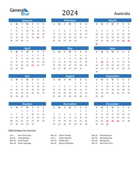 2024 Australia Calendar With Holidays