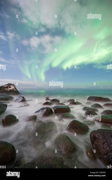 Northern Lights Utakleiv Beach Lofoten Islands Norway Stock Photo