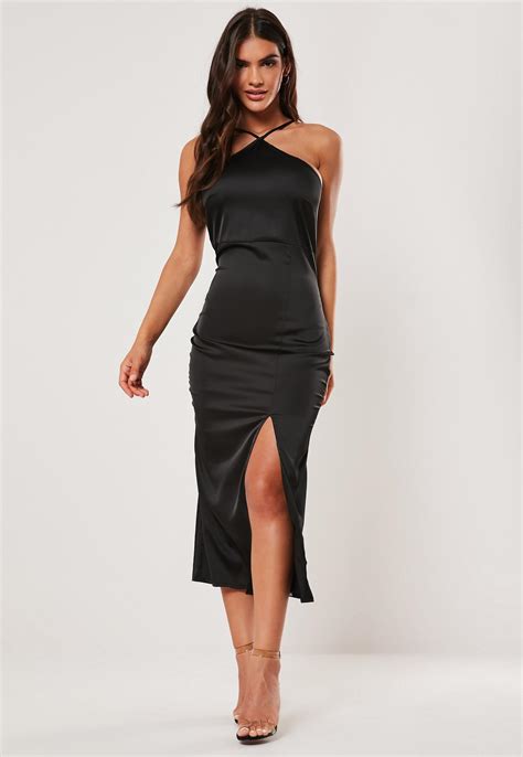 Black Satin Halter Neck Midi Dress Missguided