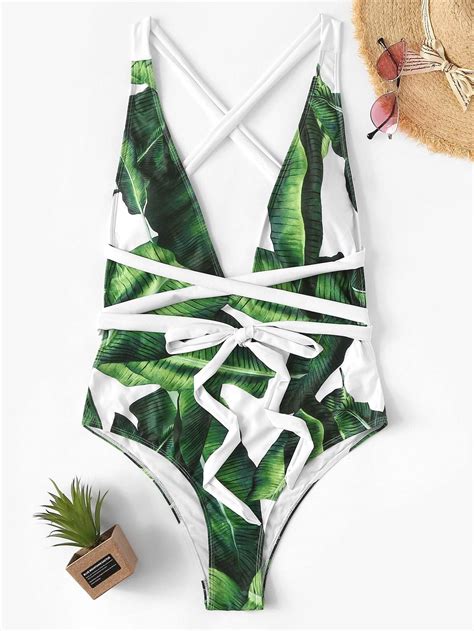 Plus Size Green Palm Tree Print Criss Cross One Piece Swimsuit Bikini One Piece Swim One