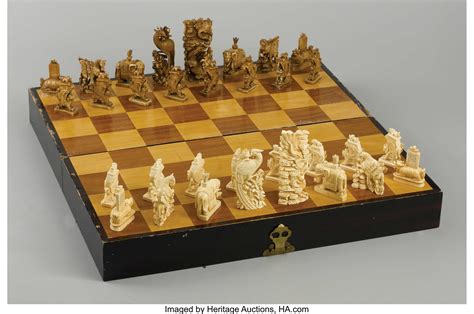 Chinese Carved Ivory Chess Set Circa 1900 Winged Dogs Of Fo Lot