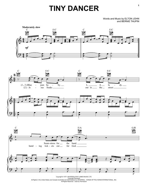 Tiny Dancer Sheet Music Elton John Piano Vocal And Guitar Chords