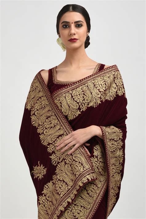 burgundy kashmiri gold tilla embroidered velvet saree with images velvet saree designer