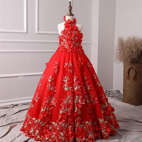 Chic Beautiful Red Flower Girl Dresses 2019 A Line Princess Halter