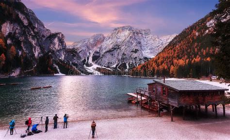 Incredible View On Majestic Famouse Lake Braies During Sunrise