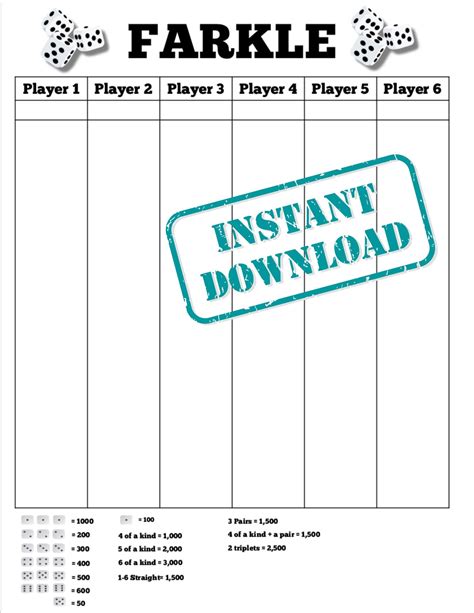 Farkle Score Card Printable File Pdf Download Download Now Etsy