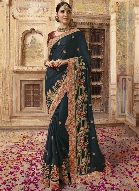 Buy Dark Blue And Red Barfi Silk Indian Wedding Saree In Uk Usa And