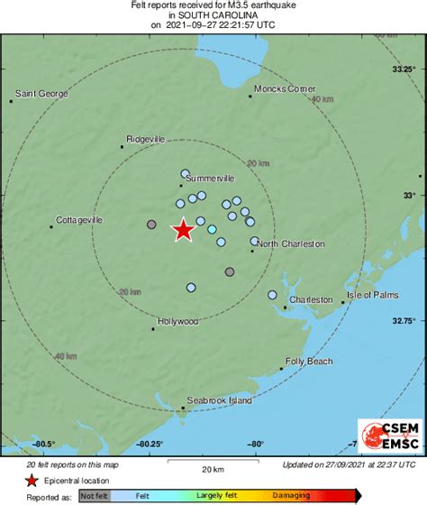emsc on twitter m3 5 earthquake sismo strikes 28 km nw of charleston s carolina 16 min