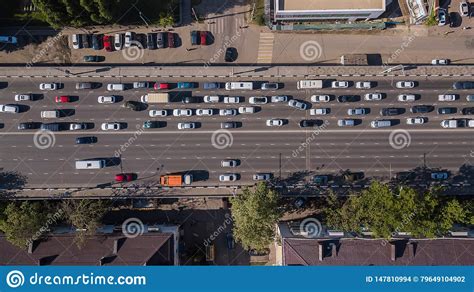 Top Down Aerial View Of Urban Traffic Jam Rush Hour Highway Stock Photo