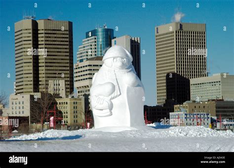 Snow Sculpture And Winnipeg Skyline In Winter Stock Photo Alamy