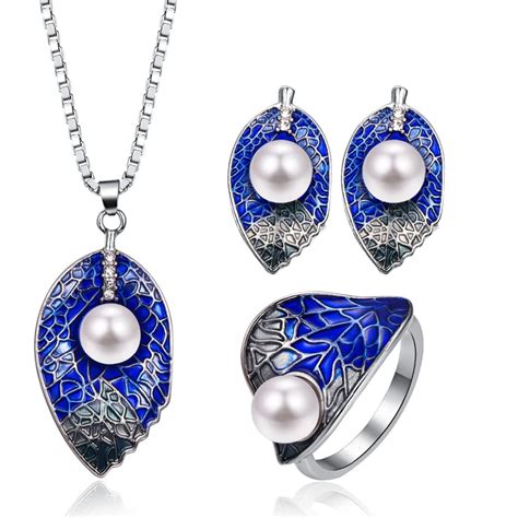 Fashion Luxury Exquisite Big Leaf Pendant Enamel Jewelry Sets Blue Color Vintage Silver Pearl