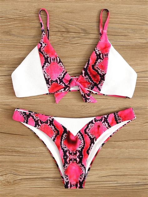 White Pink Snakeskin Swimsuit Tie Front Cami Top Bikini Bottom