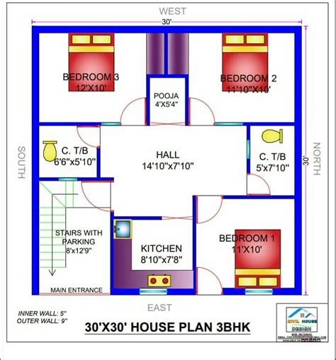 30x30 East Facing House Plans 30x30 House Plan 3bhk 900 Sq Ft House