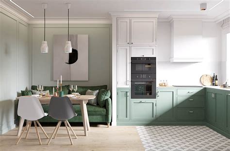 This kitchen/dining area has a spare scandinavian sensibility. Elegant Scandinavian Style Home With Green Decor