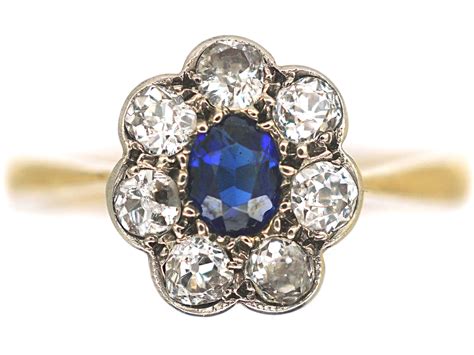 Edwardian 18ct Gold Platinum Sapphire Diamond Oval Cluster Ring