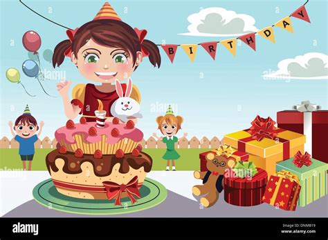 A Vector Illustration Of Kids Celebrating A Birthday Party Stock Vector