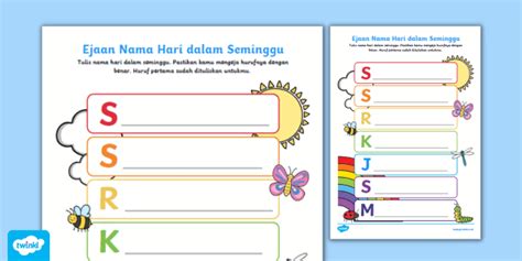 Latihan Menulis Ejaan Nama Hari Dalam Seminggu Twinkl