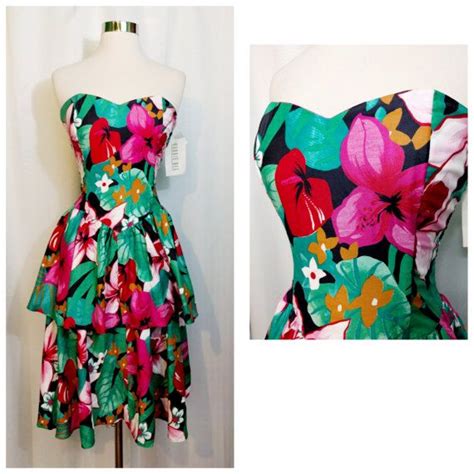 Robbie Bee Tropical Floral Print Strapless 80s Dress Nos Etsy 80s