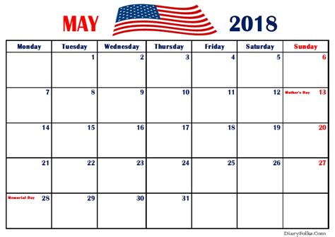 May 2018 Us Calendar With Holidays