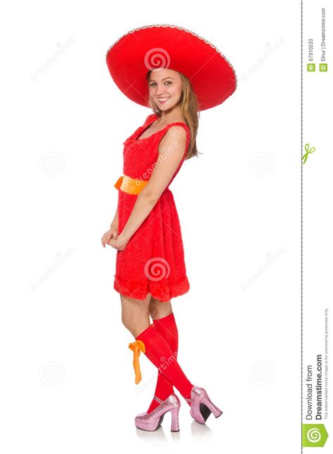 The Woman Wearing Sombrero On The White Stock Image Image Of Ethnic