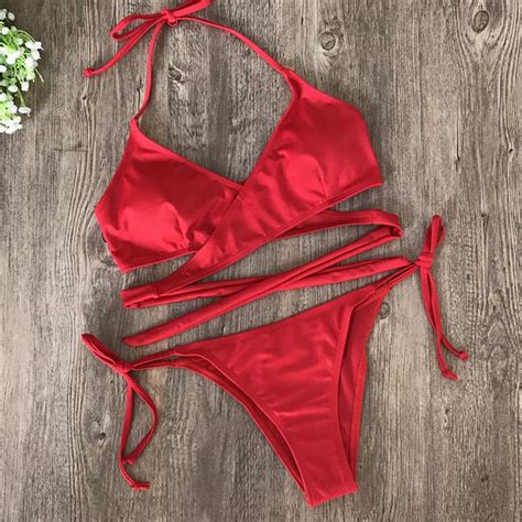 Summer 2018 New Sexy Red Solid Bandages Bikini Swimwear Low Waist