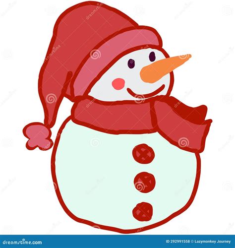 Christmas Snowman With Red Hat And Scarf Hand Drawn Stock Illustration