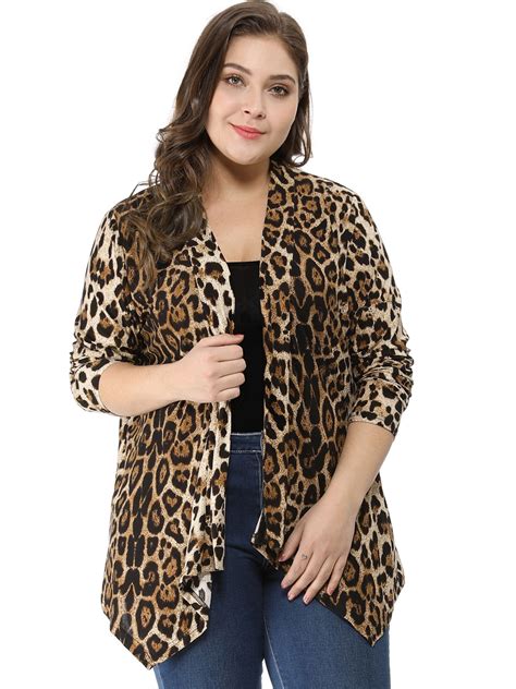 Unique Bargains Unique Bargains Womens Plus Size Leopard Cardigan
