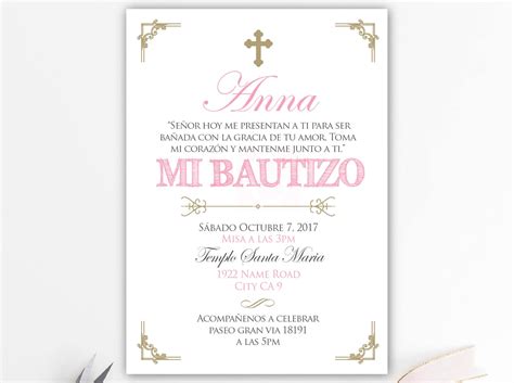 Invitaciones De Bautizo Invitacion Bautizo Rosa Y Dorado Etsy México