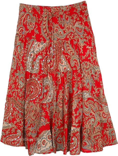 Party Red Beige Paisley Cotton Midi Skirt Sequin Skirts Red