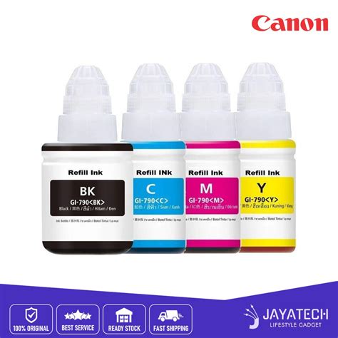 Comes with 1 each of all 4 ink bottles (black, cyan, magenta, yellow) inside the box. CANON GL-790 / 790 BLACK / COLOR / CYAN / MAGENTA / YELLOW ...