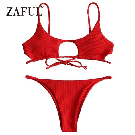 Zaful Ribbed Cutout Womens Red Bikini Set Solid Padded Swimwear For Women Low Waisted Sexy