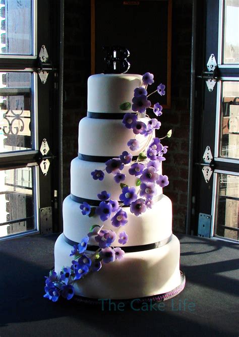 5 Tier Round Wedding Cake With Purple Flowers