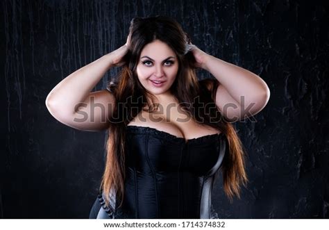 Sexy Plus Size Model In Black Corset Fat Woman With Big Natural